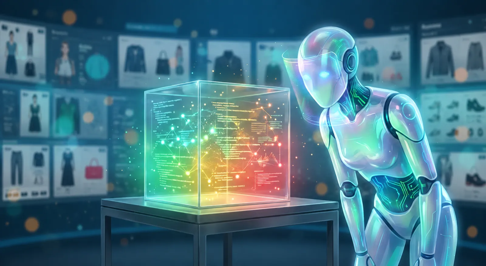 An AI agent studying Tonita's glass-box search engine — its inner workings glowing inside a transparent cube — in front of a wall of product listings.